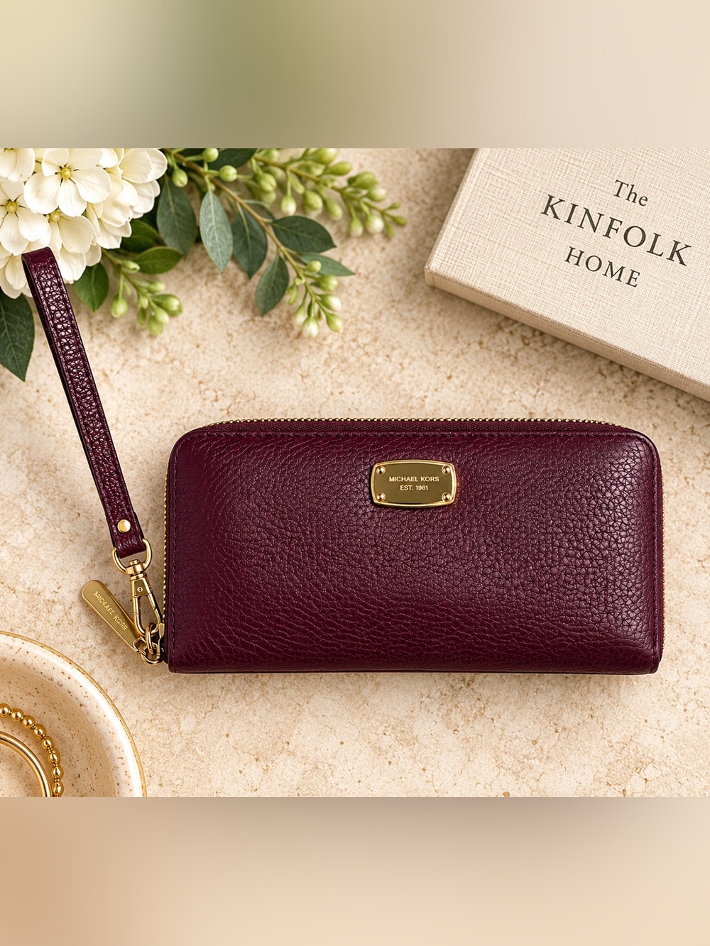 Michael Kors Burgundy Pebbled Leather Zip Around Wristlet Wallet Gold Hardware